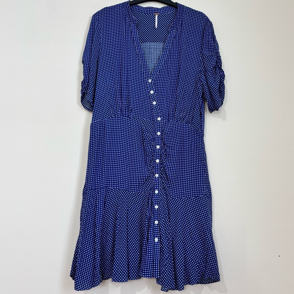 Free People boho rippa ruffle sleeve button up V-nek blue white gingham dress XL - Picture 3 of 16